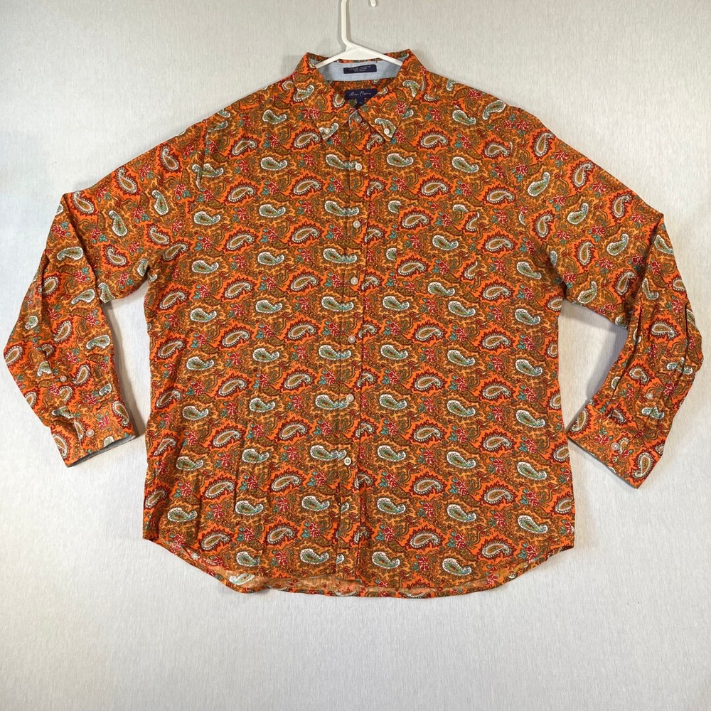 Alan Flusser Shirt Mens XL Linen Cotton Orange Paisley Floral Button Down L/S
